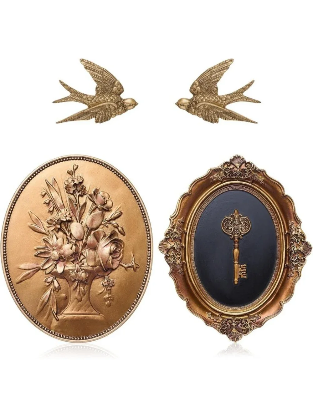 Vintage 4-Piece Wall Decor Set - Antique Gold Bird Sculptures & Floral Plaque